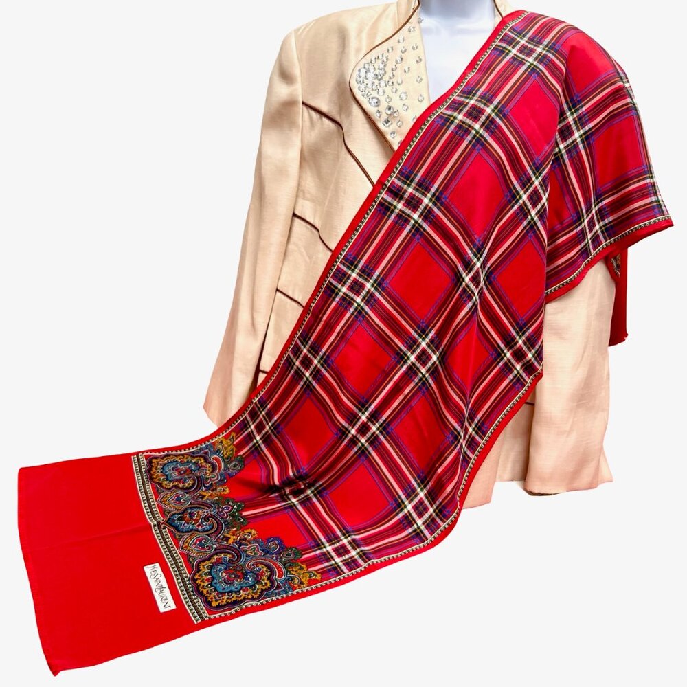 Beautiful Yves Saint Laurent YSL  Silk Satin Scarf 60"x15" Red Green Fringe (22 - Picture 14 of 14
